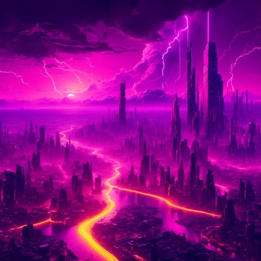 Synthwave Cityscape with Lightning Strikes
