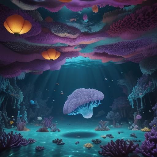 Underwater Coral Reef Cave with Gemstones