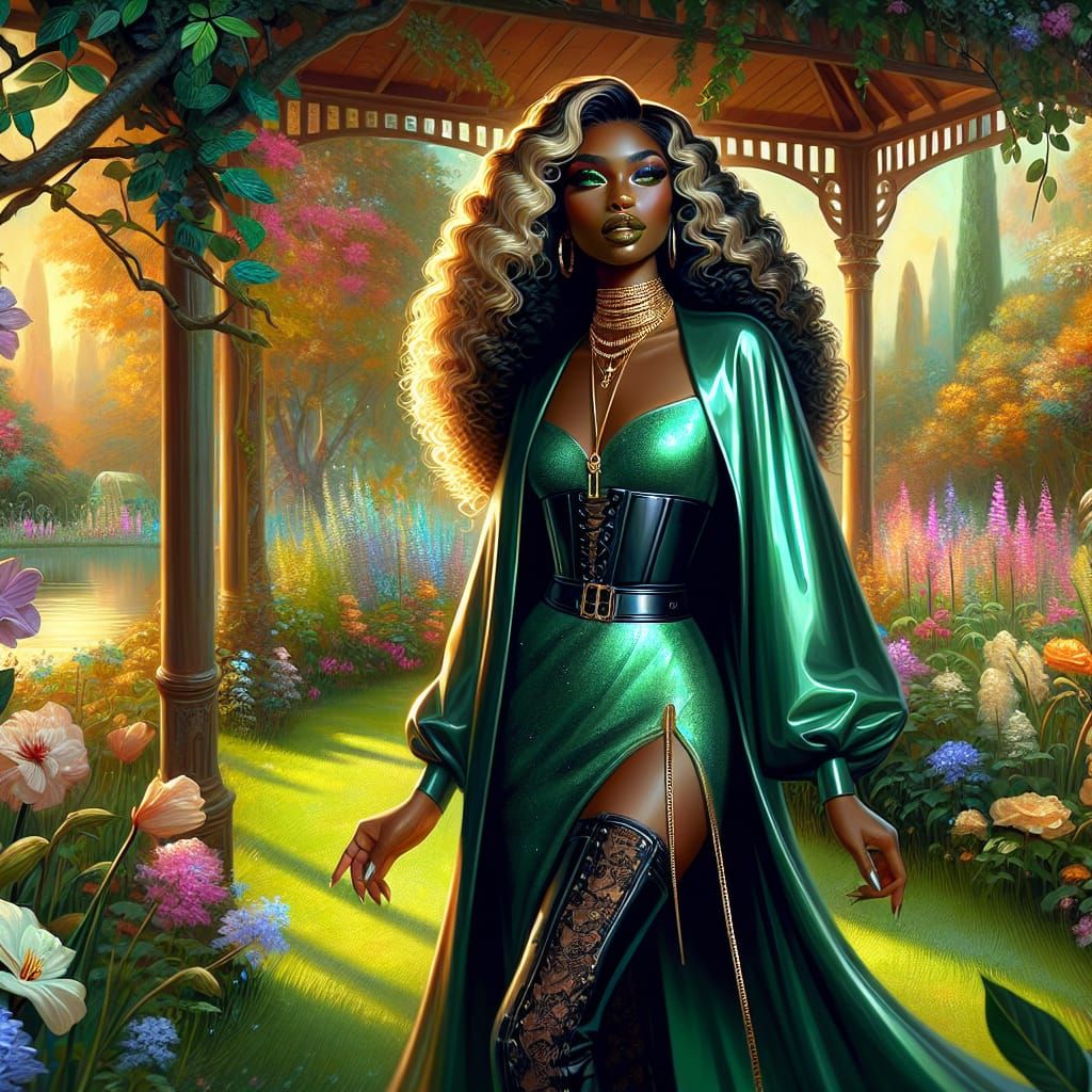 Elegant Woman in Garden Gazebo: Hyperrealistic Digital Paint...