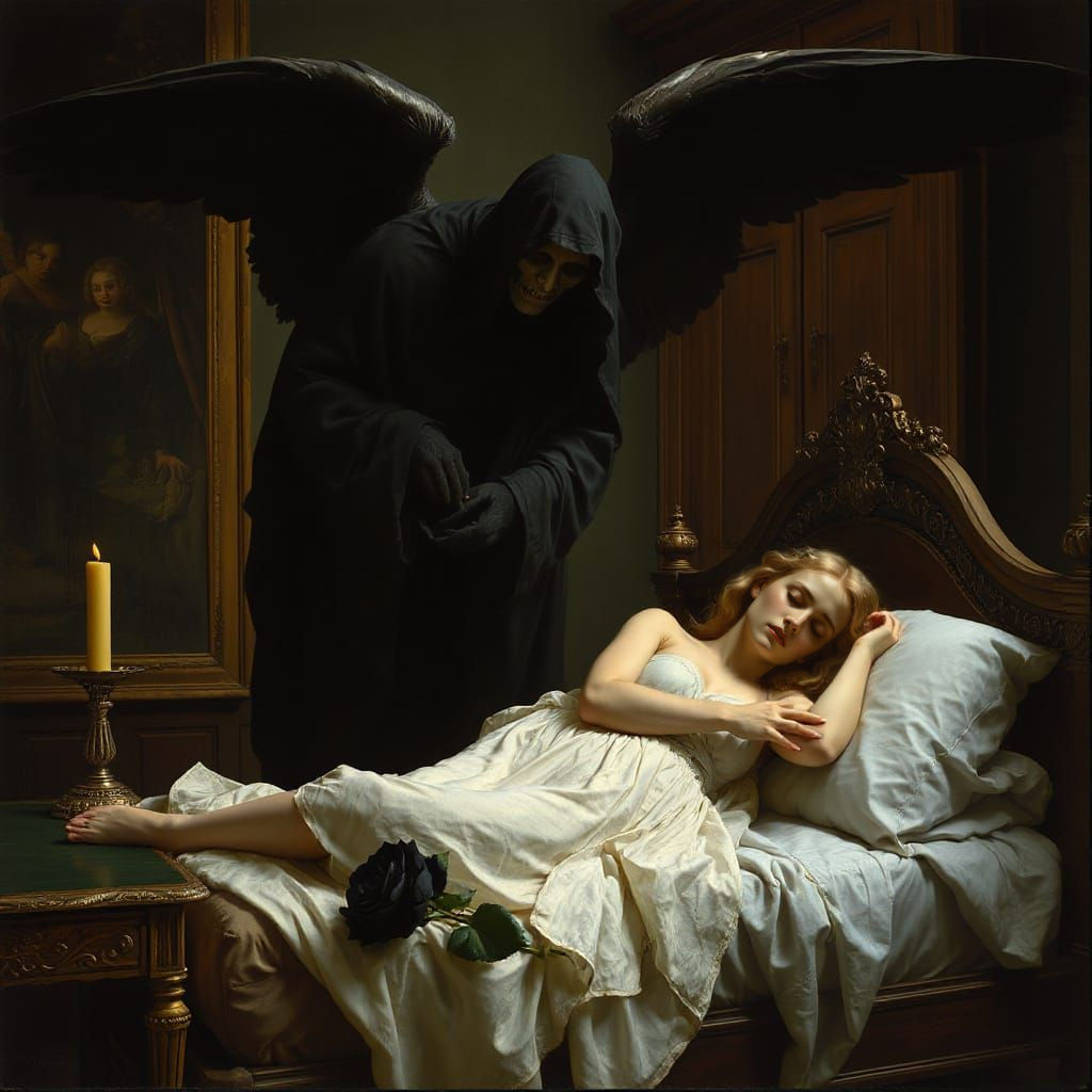 Ethereal Angel of Death Watches Over Sleeping Beauty in Rena...