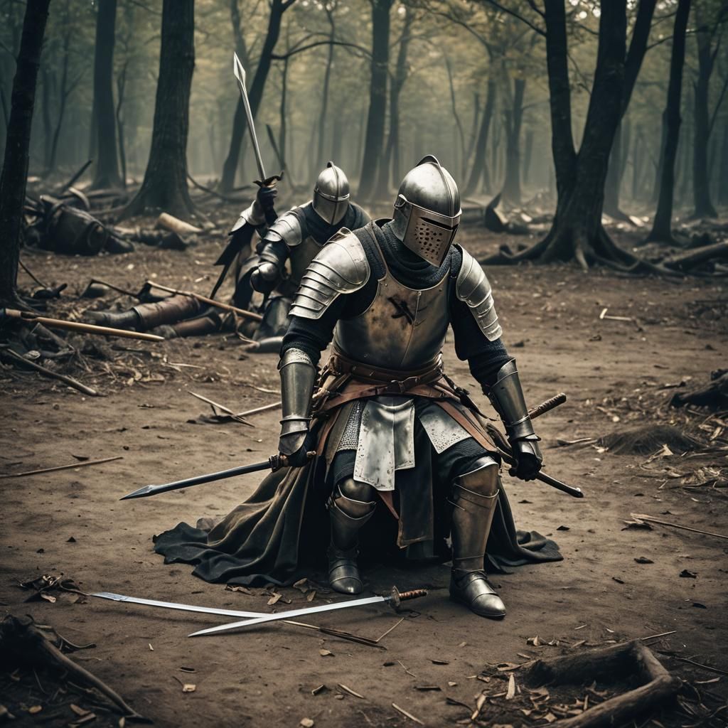 Dramatic Film Still of Wounded Knight in Battle