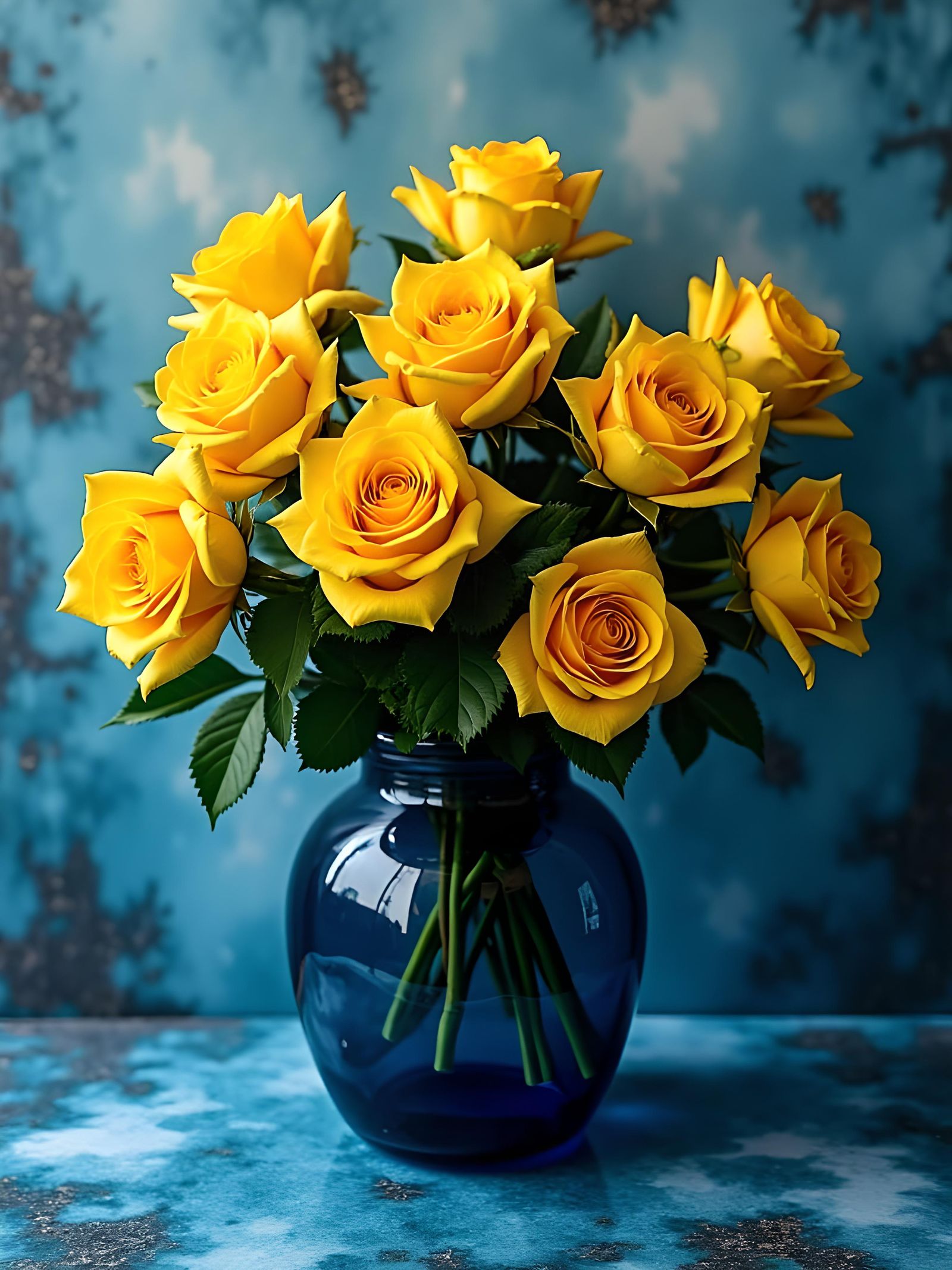Vibrant Yellow Roses in Blue Vase