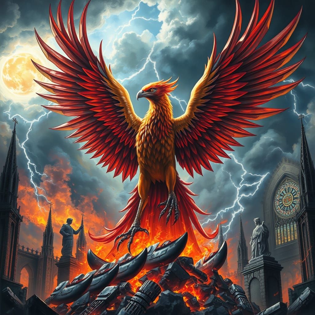 Gothic Phoenix Rising from Burning Cathedral