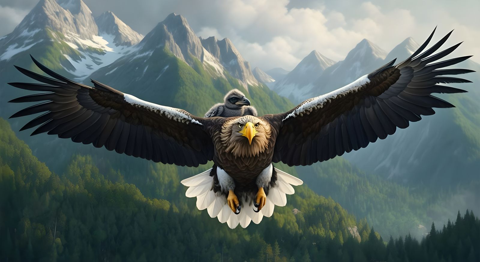Regal Eagle Soars with Weary Fledgling Over Majestic Mountai...