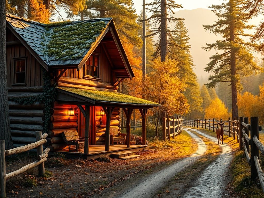 Rustic Cabin in Autumn Forest at Golden Hour