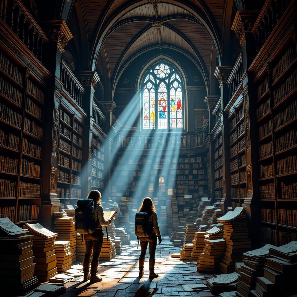 Explorer in Ancient Library, Dramatic Light