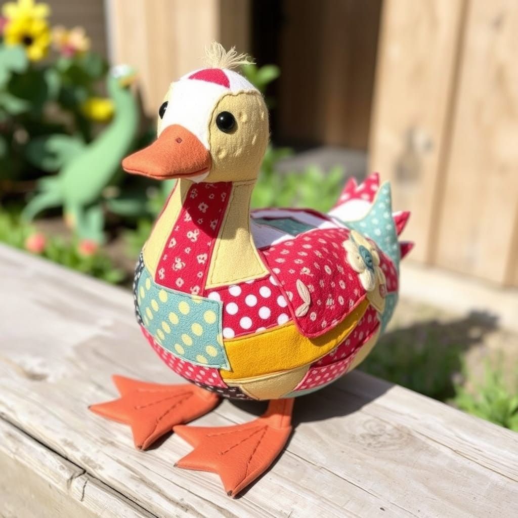 Vibrant Patchwork Duck in Distressed Textile Style