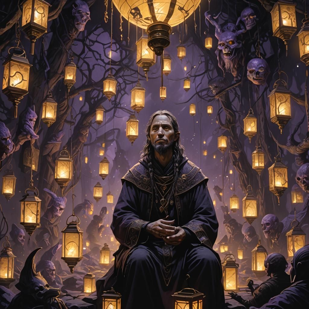 Eerie Figure Singing in Dark Fantasy Landscape