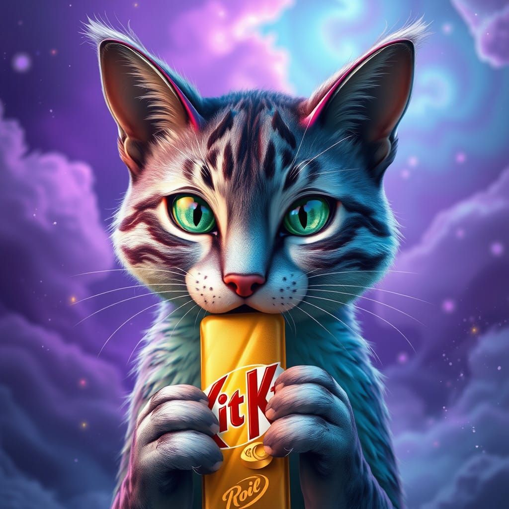 Whimsical Feline Savoring Golden Treat in Dreamlike Skies