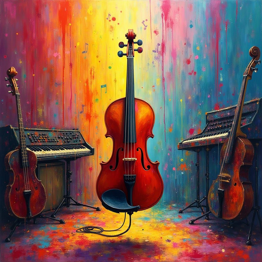 Vibrant Rainbow Splatter Painting of a Self-Playing Violin i...