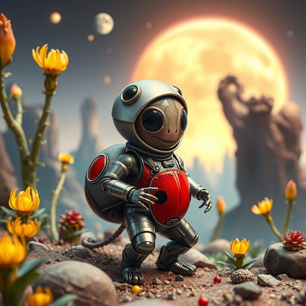 Alien Ladybug Explorer in Whimsical, Dreamlike Landscape