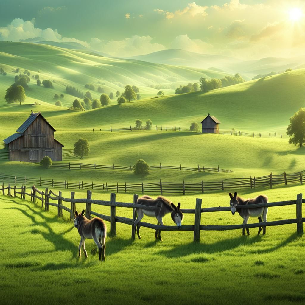 Donkeys Graze in Sunlit Fantasy Landscape