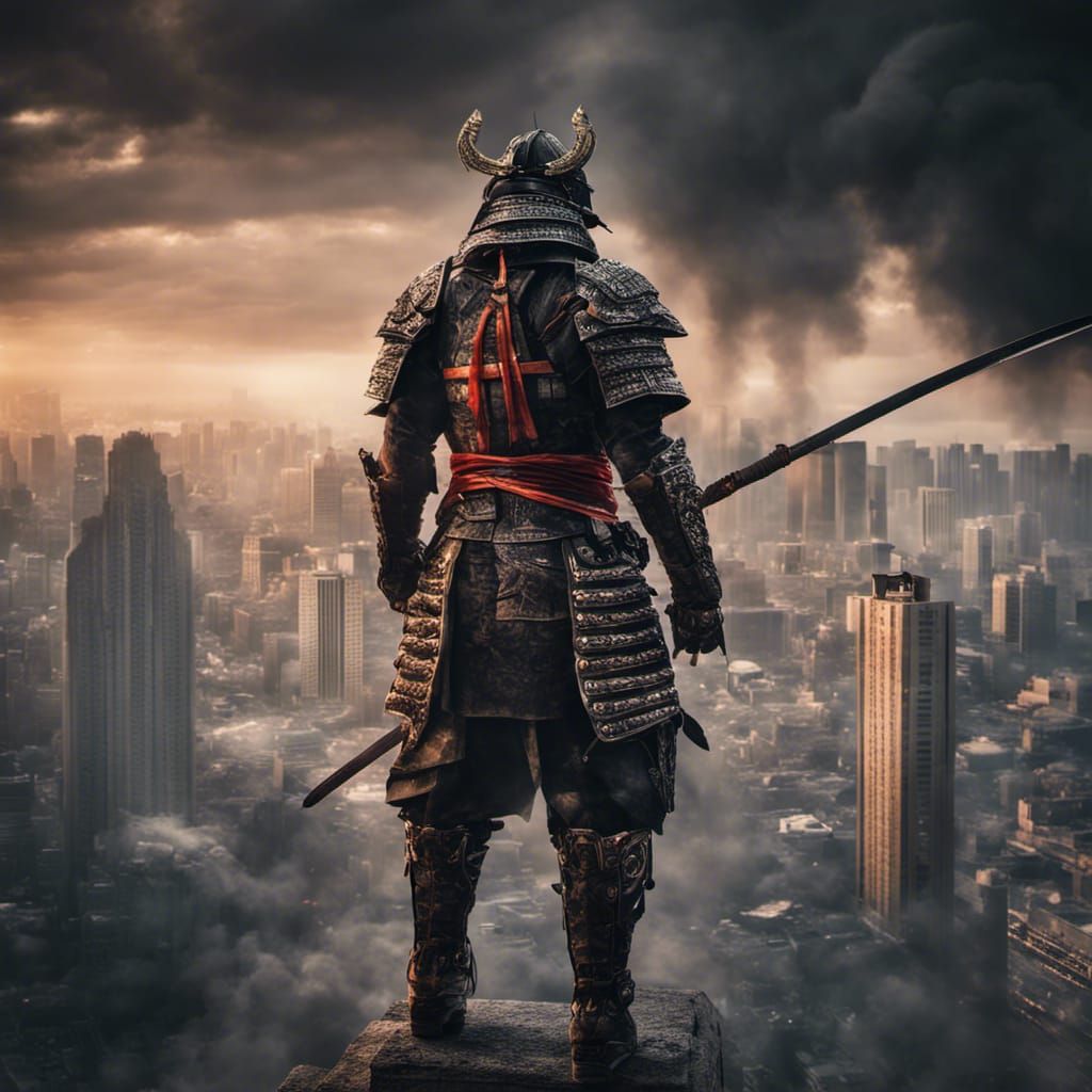 Samurai Oversees Burning City in Hyperrealistic Style