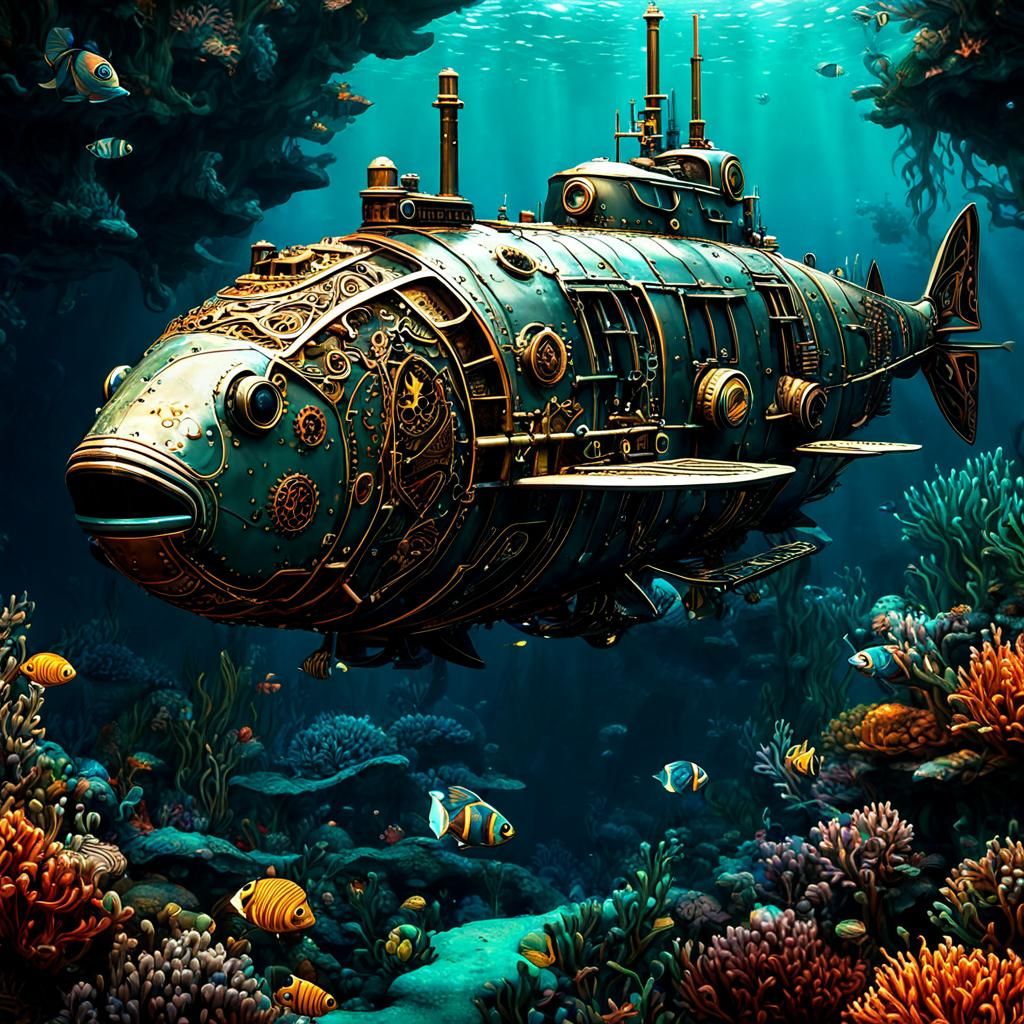 Steampunk Fish Submarine in Holographic Astral Exploration