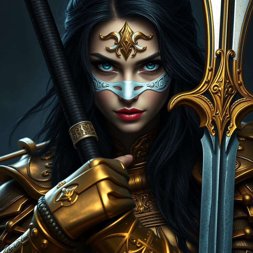 Hyperrealistic Woman Warrior with Mask and Sword