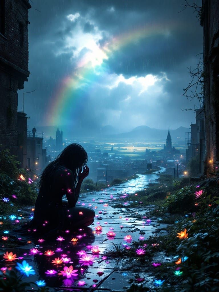 Surreal Cityscape Blooms with Bioluminescent Flowers and Rai...