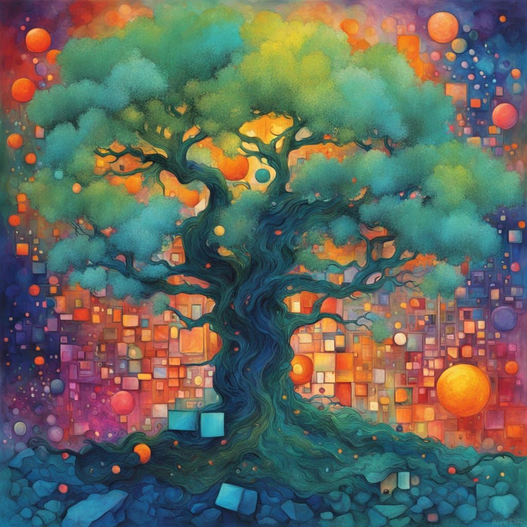 Surreal Bonsai Tree with Geometric Shapes