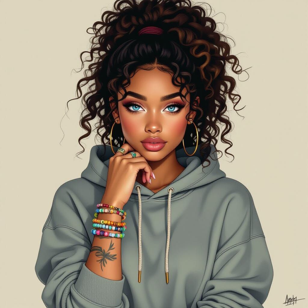 Resilient Woman with Curly Hair and Blue Eyes