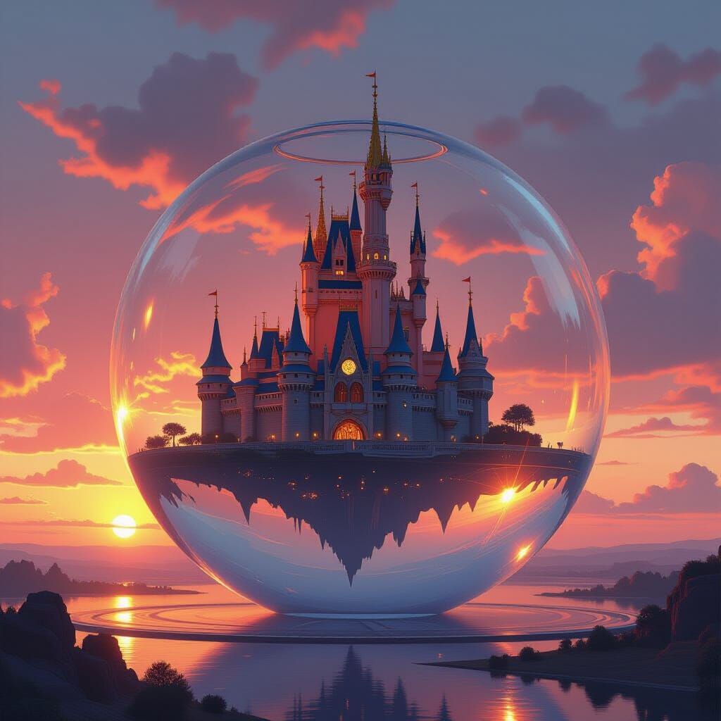 Majestic Castle in Glass Bowl at Sundown