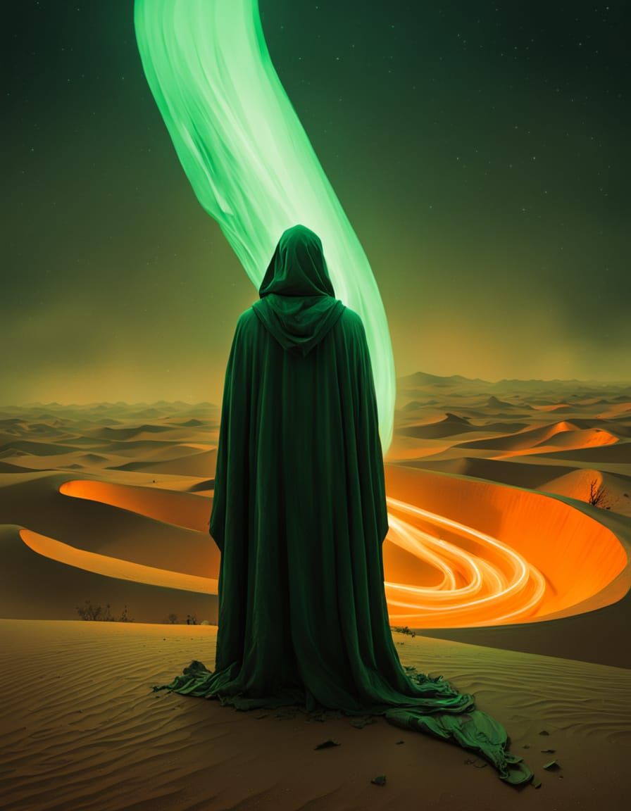 Grungy Neon Moebius Sculpture in Desert Sandstorm