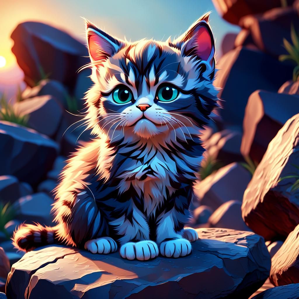 Grumpy Kitten at Sunset: Pixar-Inspired 3D Art