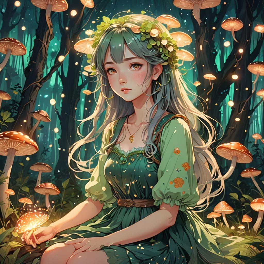 Mushroom Girl in Anime Style with Fireflies