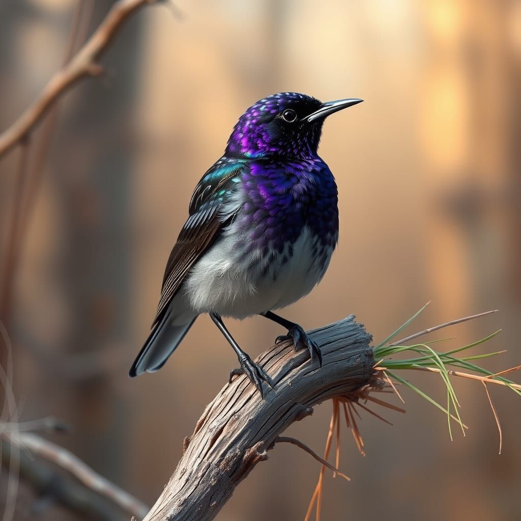 Elegant Bird Perched on Weathered Pine Branch in Soft Forest...