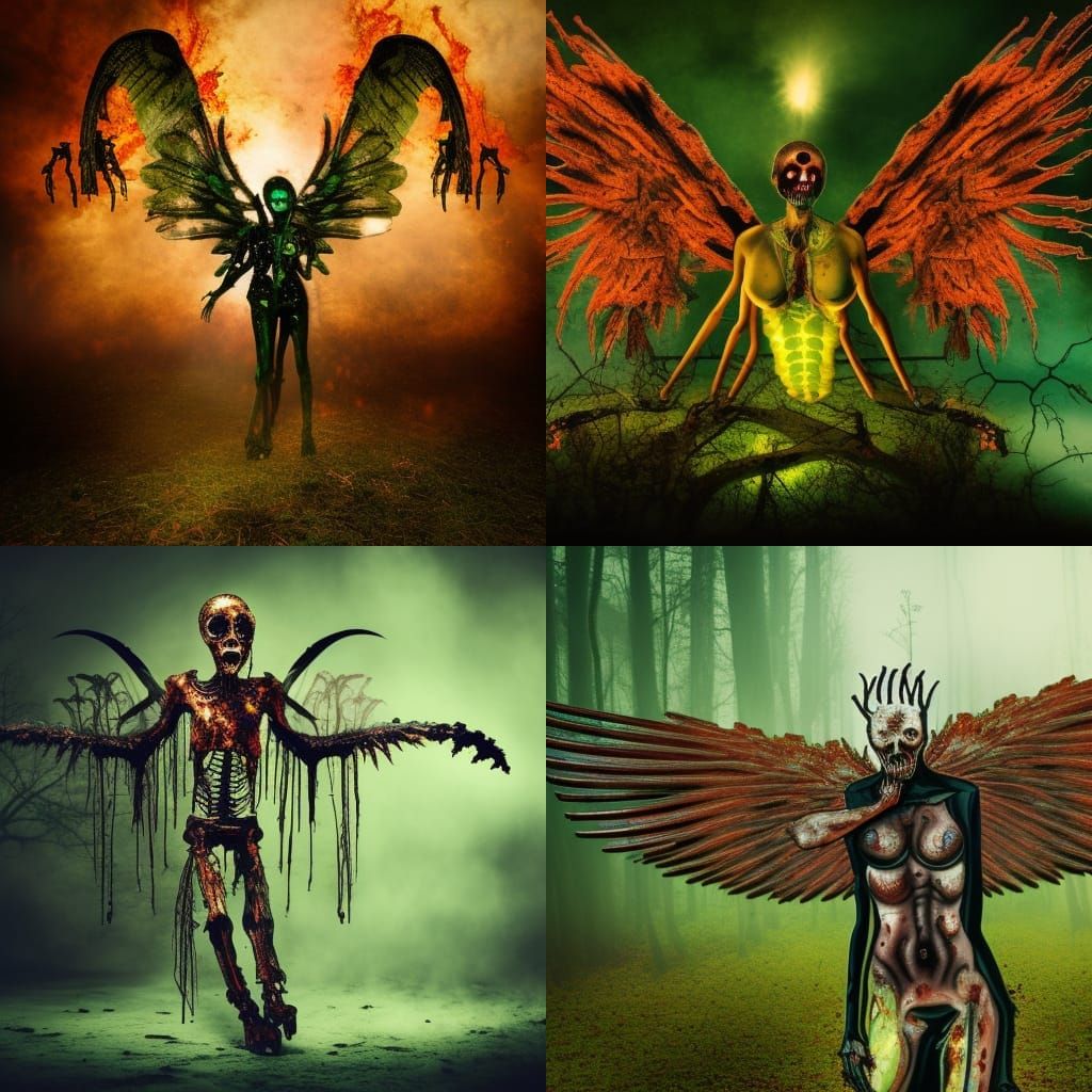 Biomechanical Zombie Angel Descending into Burning Forest