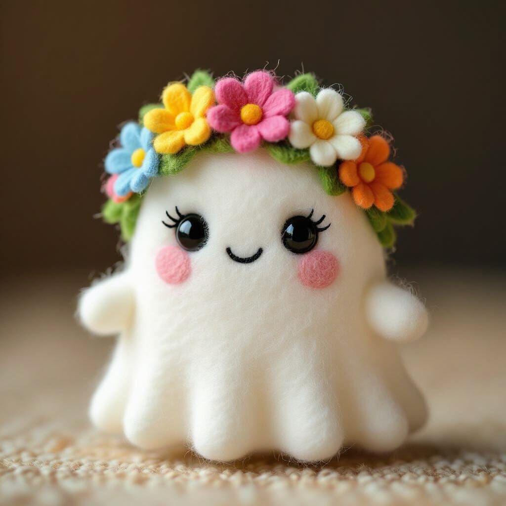 Cute 3D Ghost Sticker with Flower Headband, Needle Felt Styl...