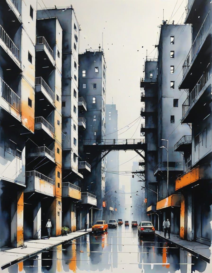 Ink Painting of a Futuristic Cityscape