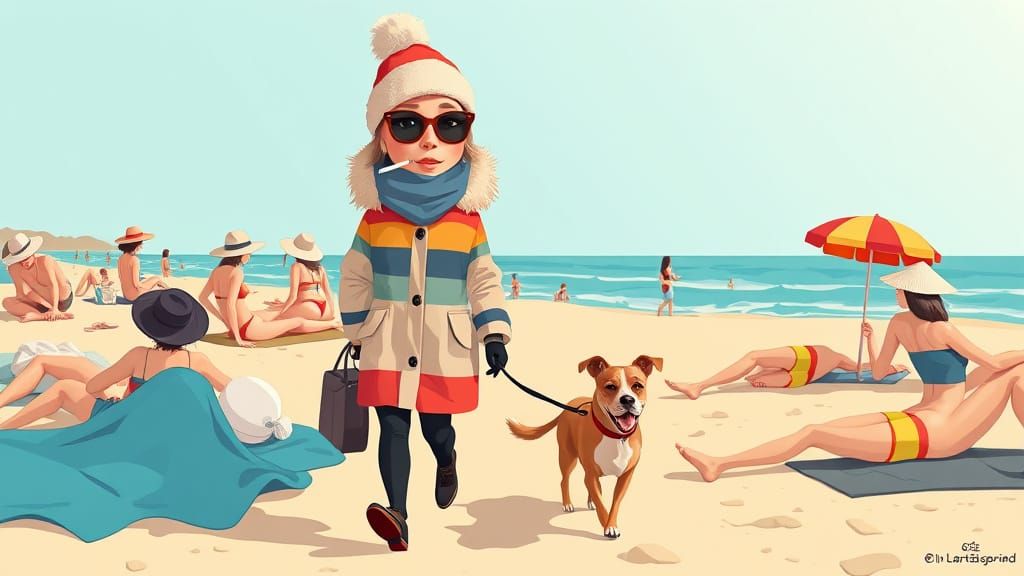 Caricature Of A Lady With A Big Head Walking A Dog On The Be...