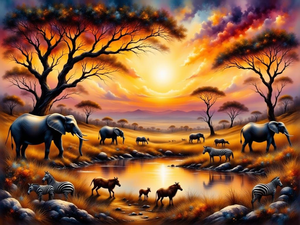 African Sunset with Majestic Wildlife in Impressionist Style