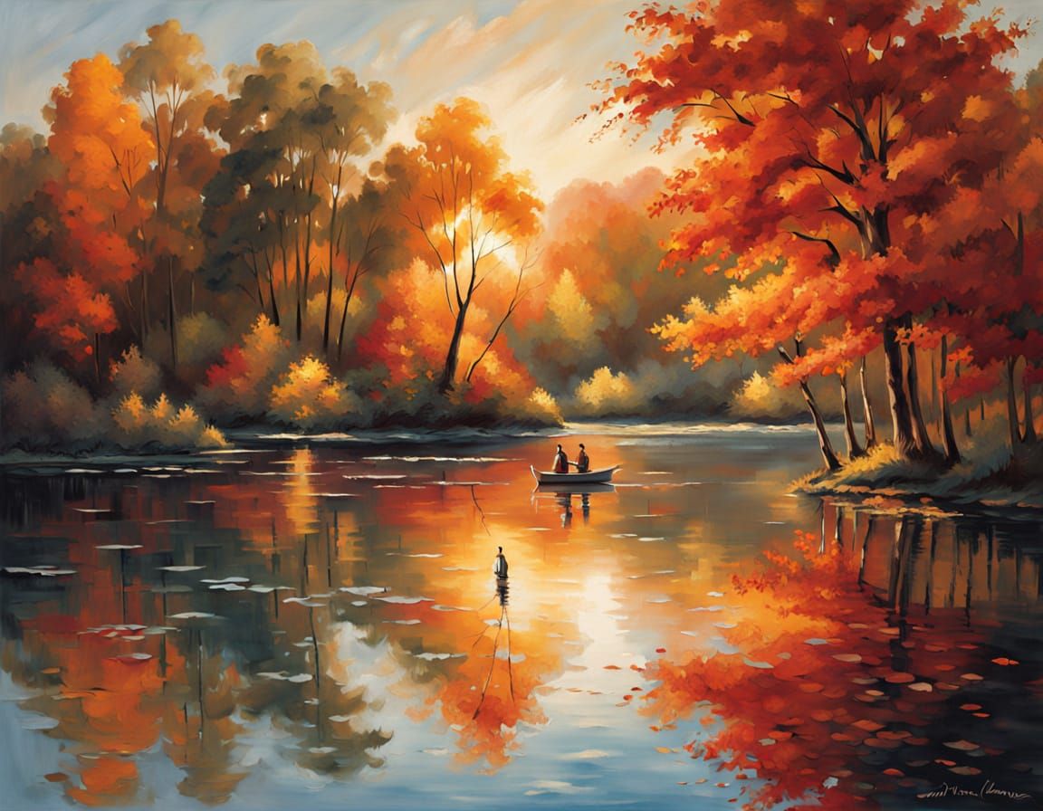 Autumn Lake Reflection Painting in Impressionistic Style