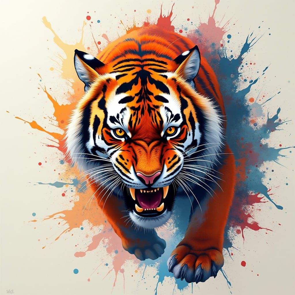 Vibrant Tiger in Dynamic Action Painting