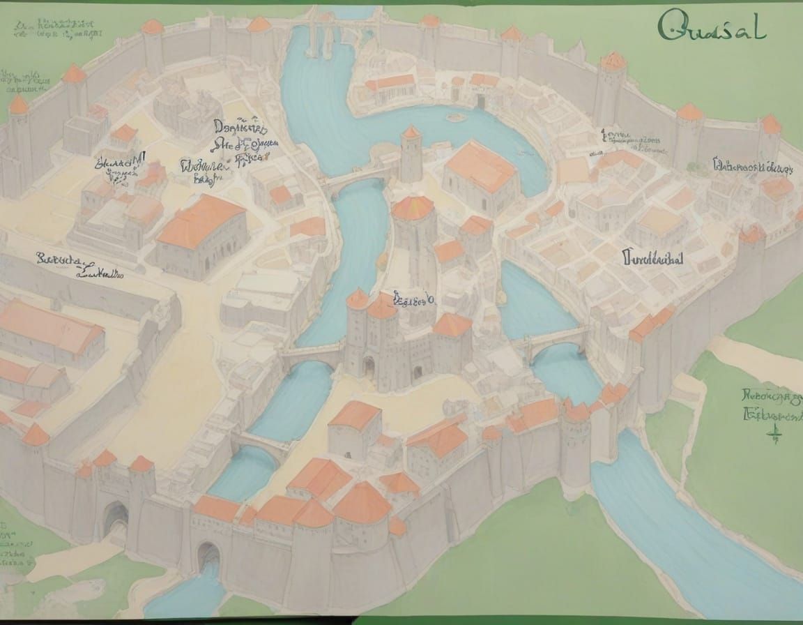 Intricate Bird's Eye View Map of City Quasal in Expressive I...