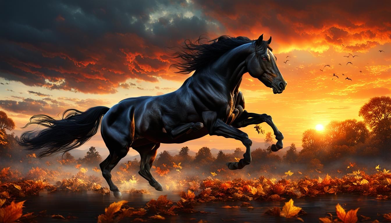 A beautiful black stallion leaping across a sunset, autumnal...