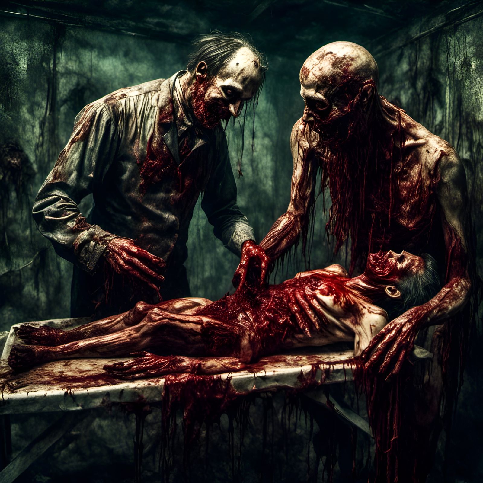 Rotting Zombie Feast in Morgue: Macabre Illustration