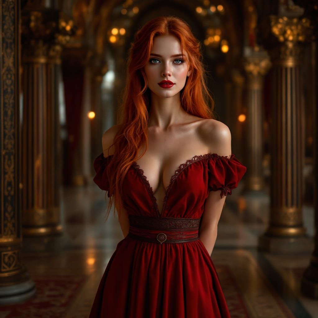 Redhead Vampire in Palace Ballroom, Art Nouveau Style