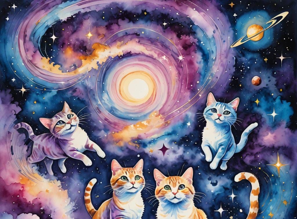 Dancing Cosmic Cats in Astral Illustration
