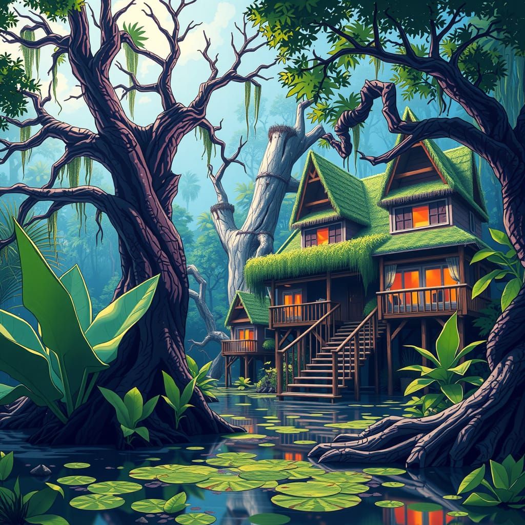 Ecopunk Cajun Architecture in a Whimsical Swamp Landscape