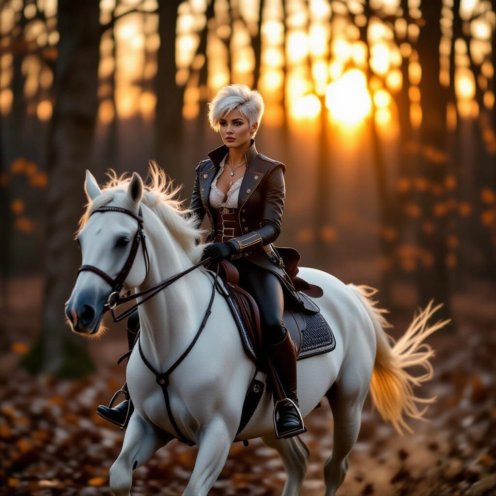 Pirate Woman Galloping on White Horse Inara Through Woods