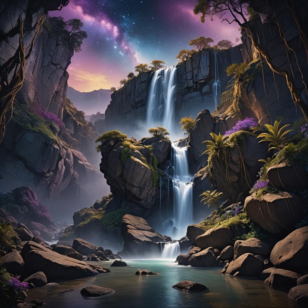 Mystical Waterfall in Surreal Dreamscape, Digital Matte Pain...
