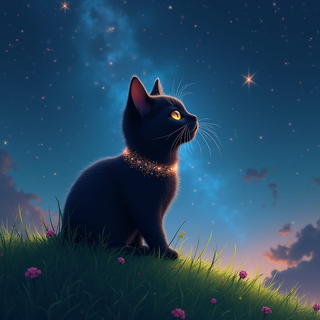 Whimsical Kitten Gazing at Celestial Starry Night