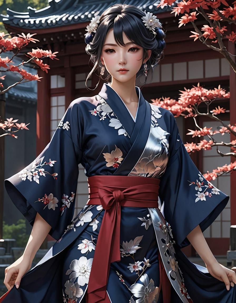 Navy Kimono Ruffle Dress in 3D Anime Art