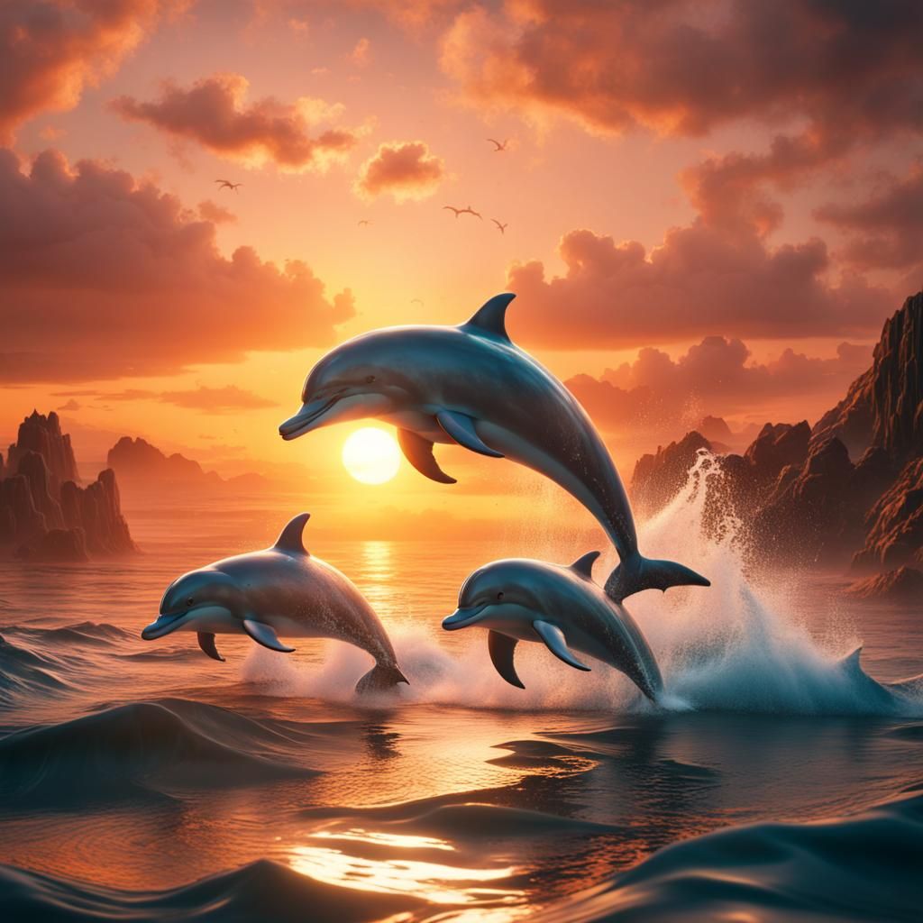 Dolphins Dancing Over Ocean Sunset: Detailed Matte Painting