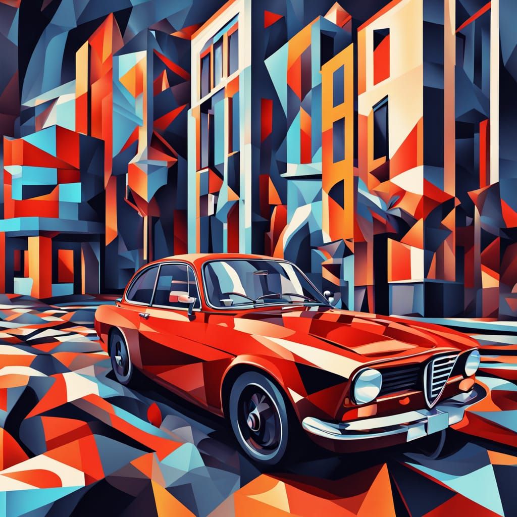 Cubist Red Alfa Romeo in Geometric Fauvist Style