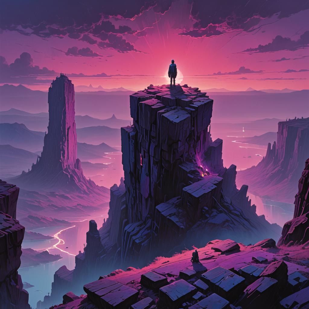 Mystical Figure Overlooking Neon Abyss in Dystopian Landscap...