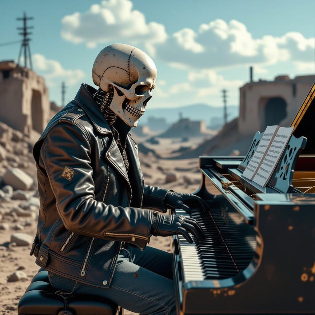 War-Torn Pianist in Cyberpunk Apocalypse