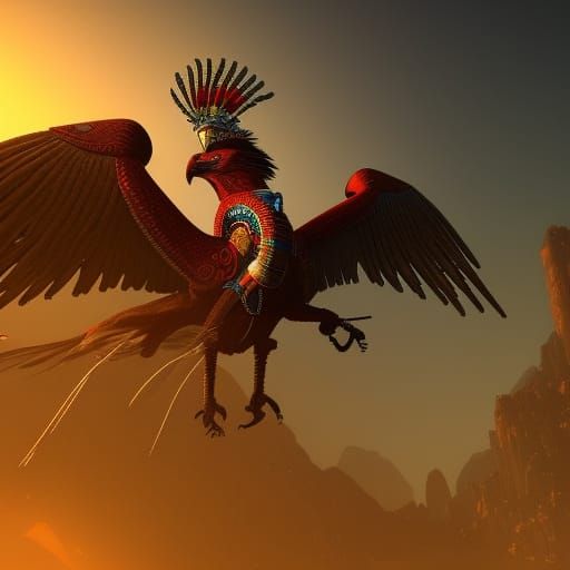 Aztec Warrior Riding Giant Eagle in Flight