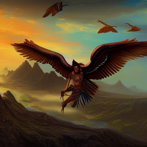 Aztec Warrior Riding Giant Eagle in Flight